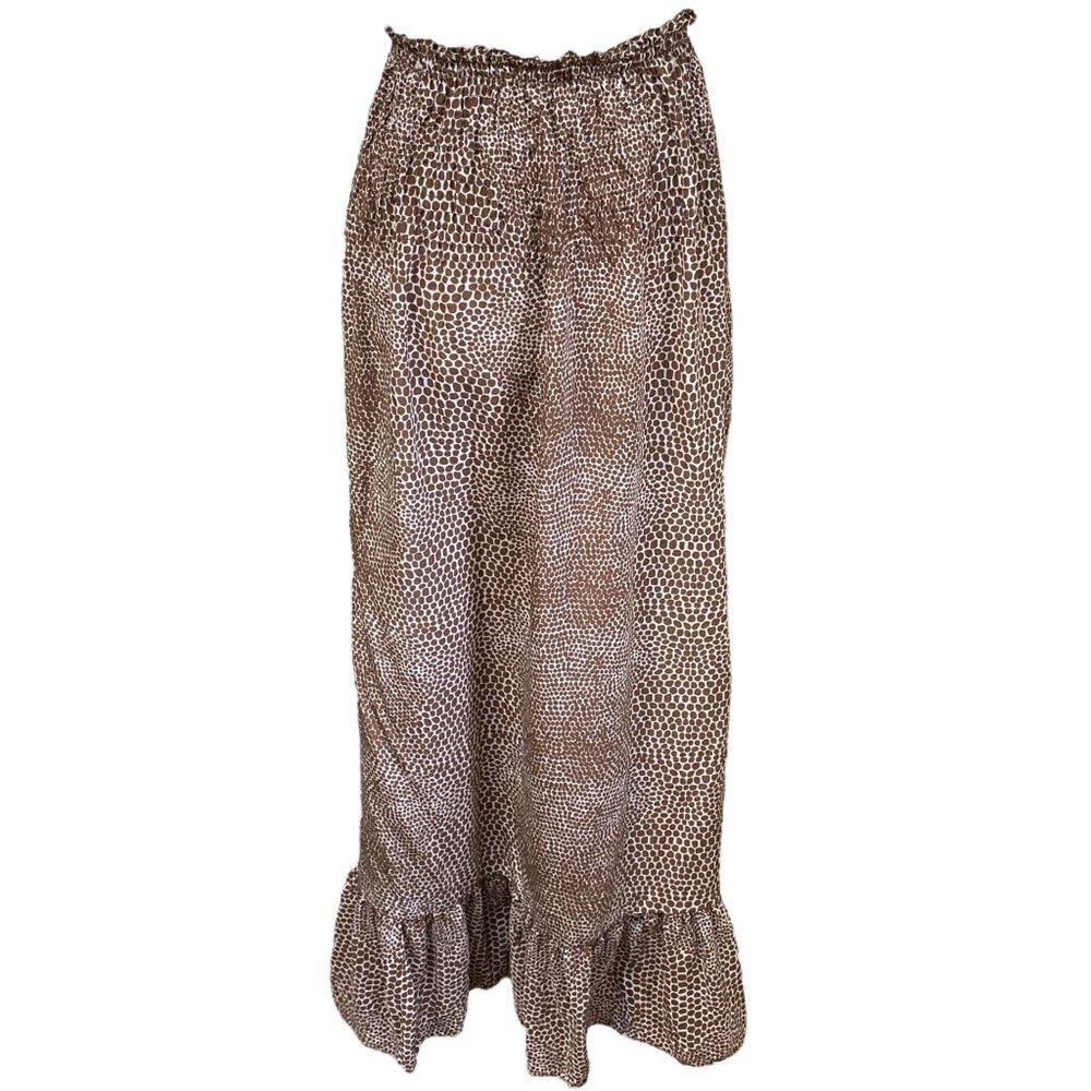 Silk Maxi Skirt Small Brown Print Ruffle Prairie Hem by What Comes Around Goes A